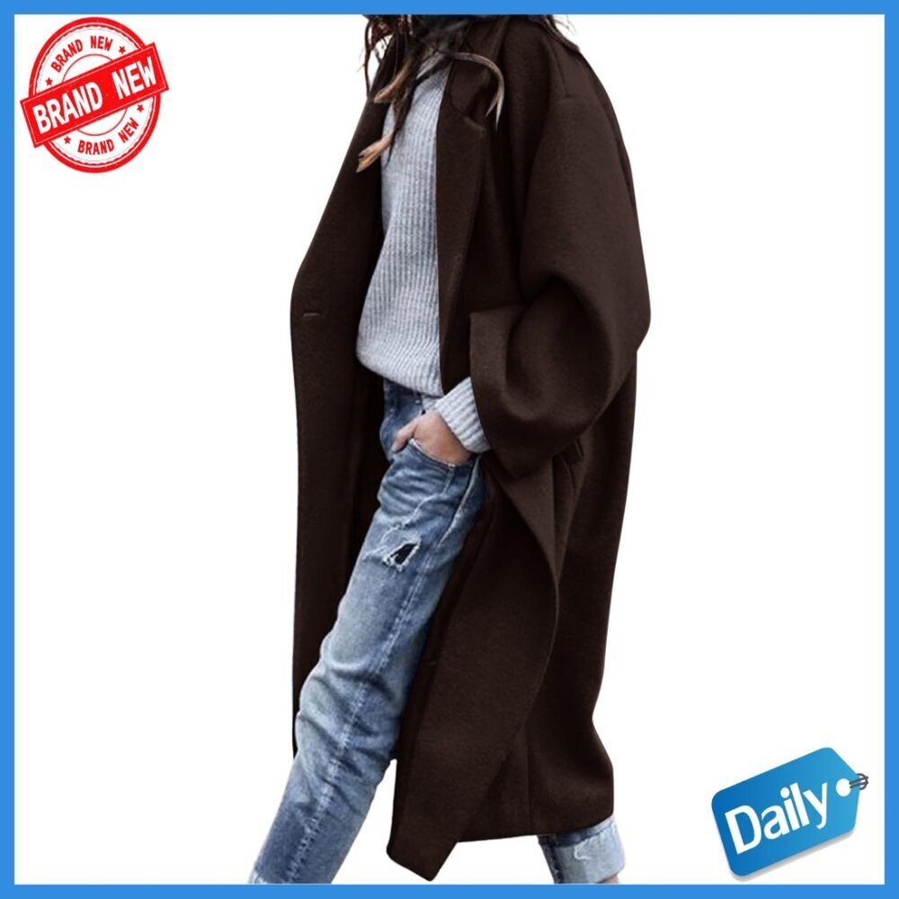 Oversized Wool Blend Trench Coat, Notched Collar, Midi Length, Loose Fit